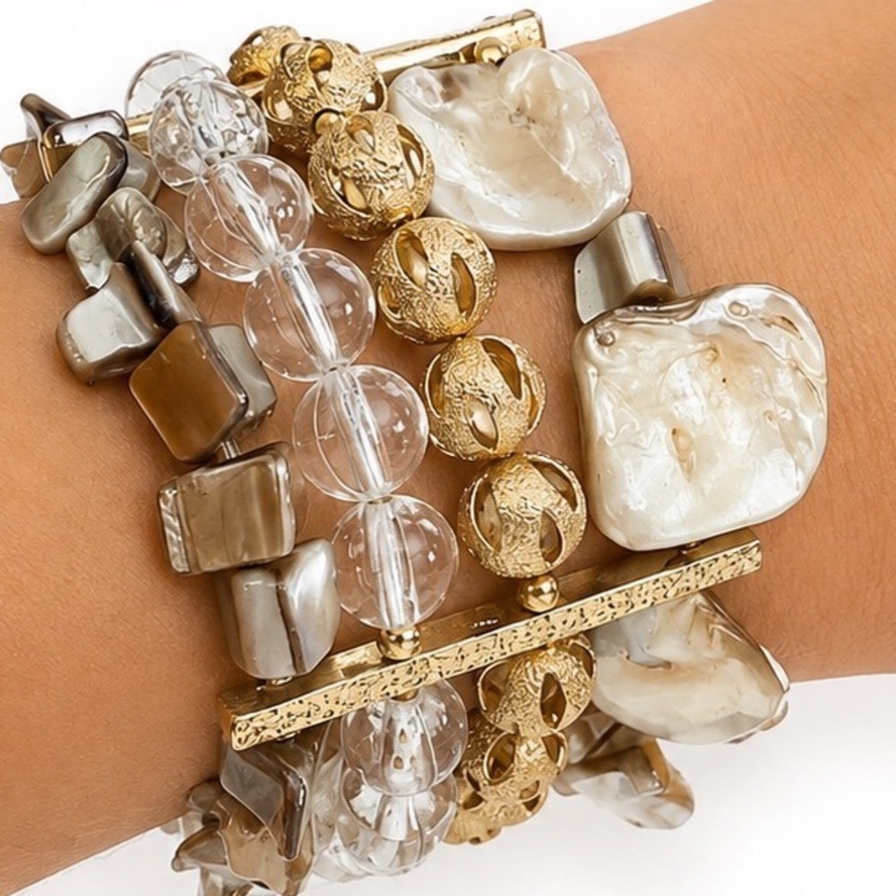 Mother-of-pearl Nuggets Stretch Cuff Bracelet Gold Clear Beaded Accents